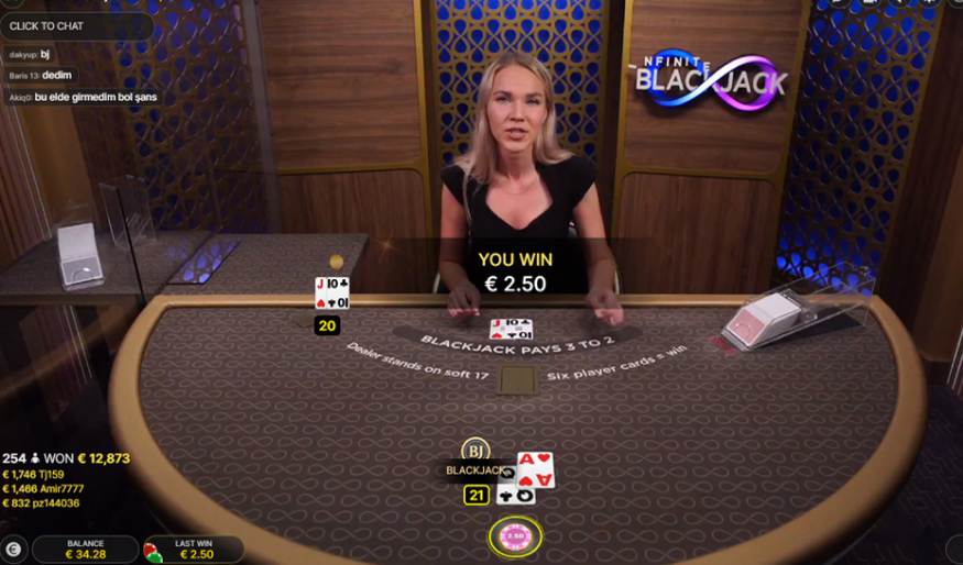 Gewinnanzeige im Live Casino Spiel Infinite Blackjack.