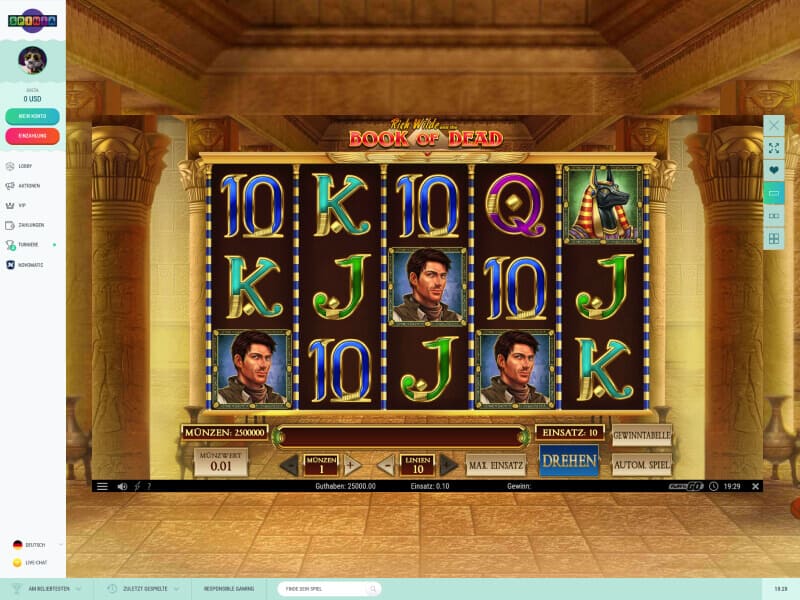 Screenshot Spinia casino lobby spielautomat Book of Dead
