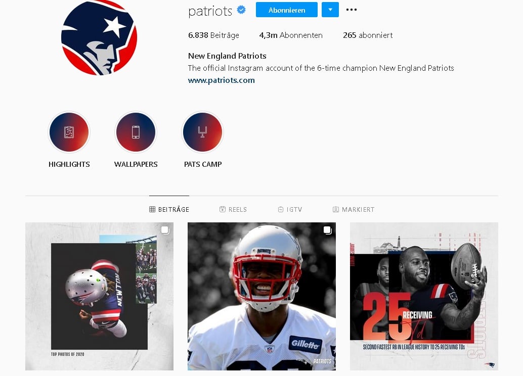 New England Patriots Instagram Profil 