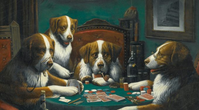 Das Gemälde "Poker Game" von Cassius Marcellus Coolidge aus dem Jahr 1894 ist das erste Bild aus der Reihe "Dogs Playing Poker".