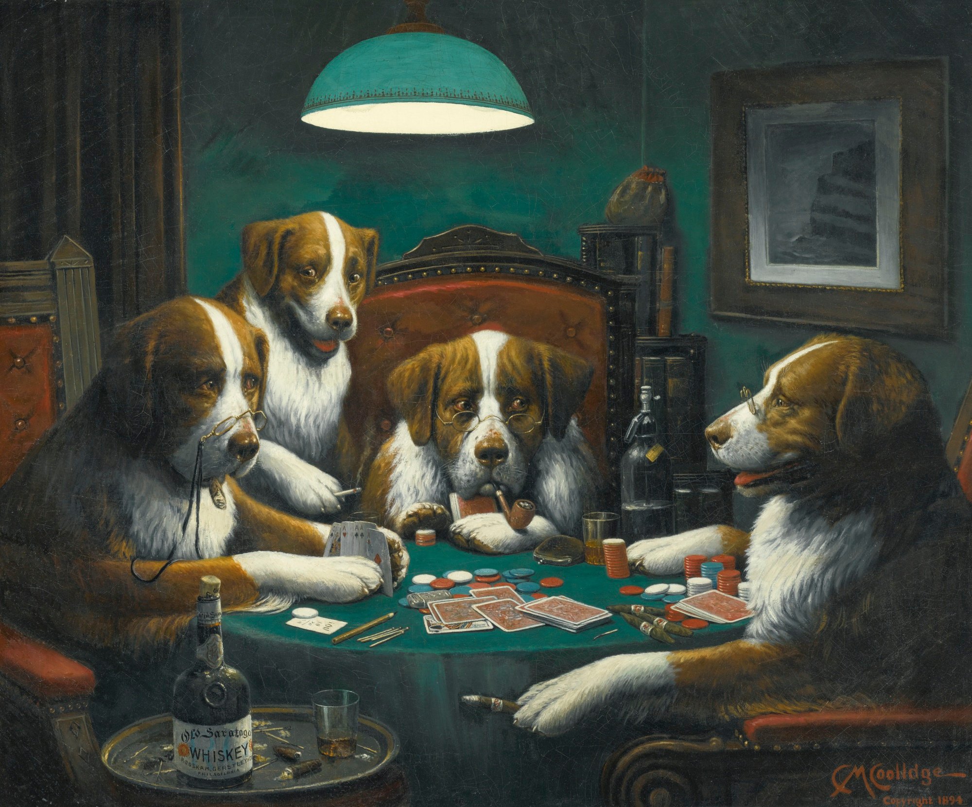Das Gemälde "Poker Game" von Cassius Marcellus Coolidge aus dem Jahr 1894 ist das erste Bild aus der Reihe "Dogs Playing Poker".