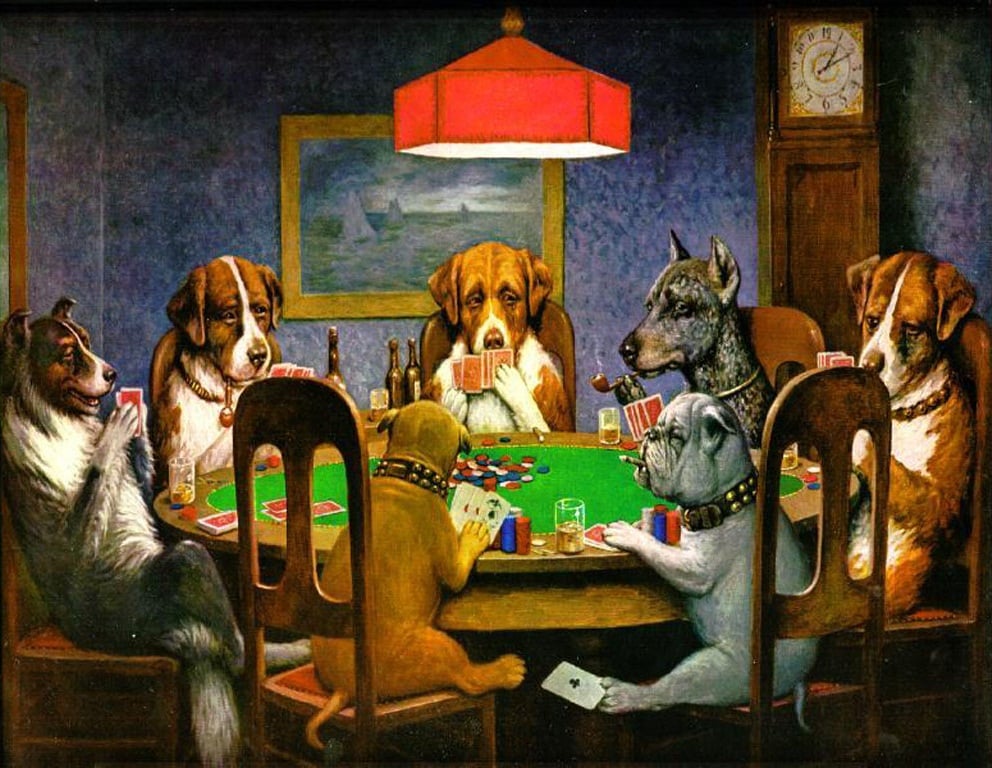 Das Gemälde "A Friend in Need" von Cassius Marcellus Coolidge aus dem Jahr 1903 zeigt zwei Bulldoggen, die beim Pokerspiel betrügen.