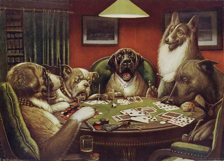 Das Gemälde "A Waterloo" aus der Reihe "Dogs Playing Poker" von Cassius Marcellus Coolidge greift ein früheres Motiv wieder auf.