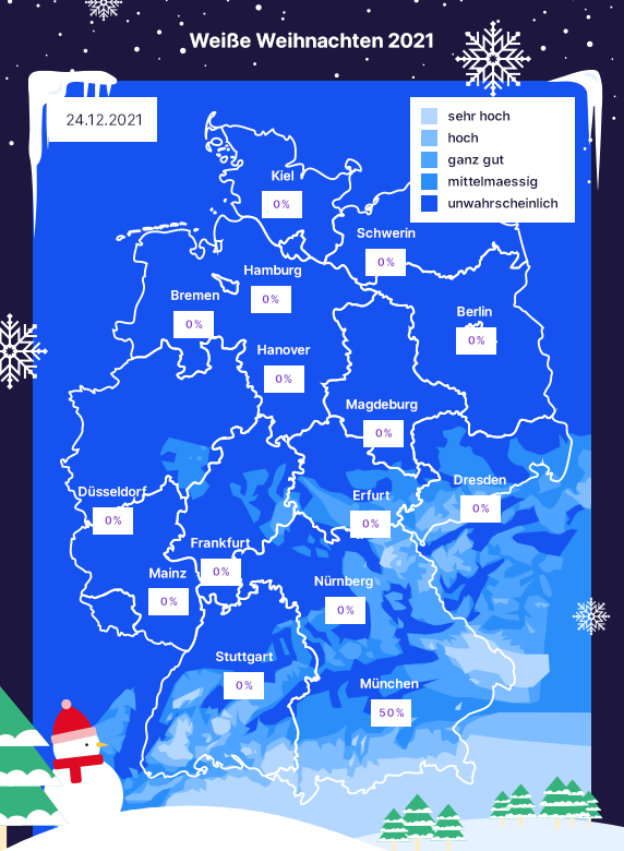 Übersichtskarte mit Wahrscheinlichkeiten für weiße Weihnachten 2021 in Deutschland.