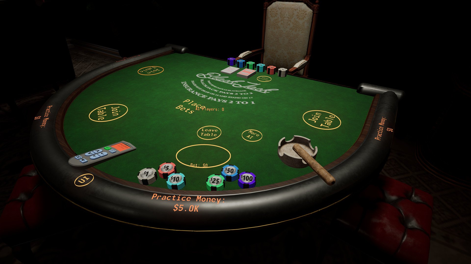 Screenshot: Spielszene am Blackjack Tisch in Social Club VR: Casino Nights