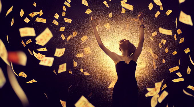 Eine junge Frau feiert ihren Lotterie-Gewinn, umgeben von wirbelnden Losen