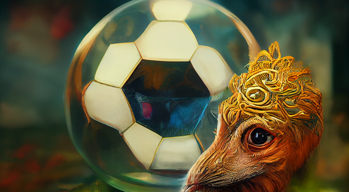 Ein Tier betrachtet eine Glaskugel mit Fußball-Muster