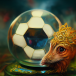 Ein Tier betrachtet eine Glaskugel mit Fußball-Muster