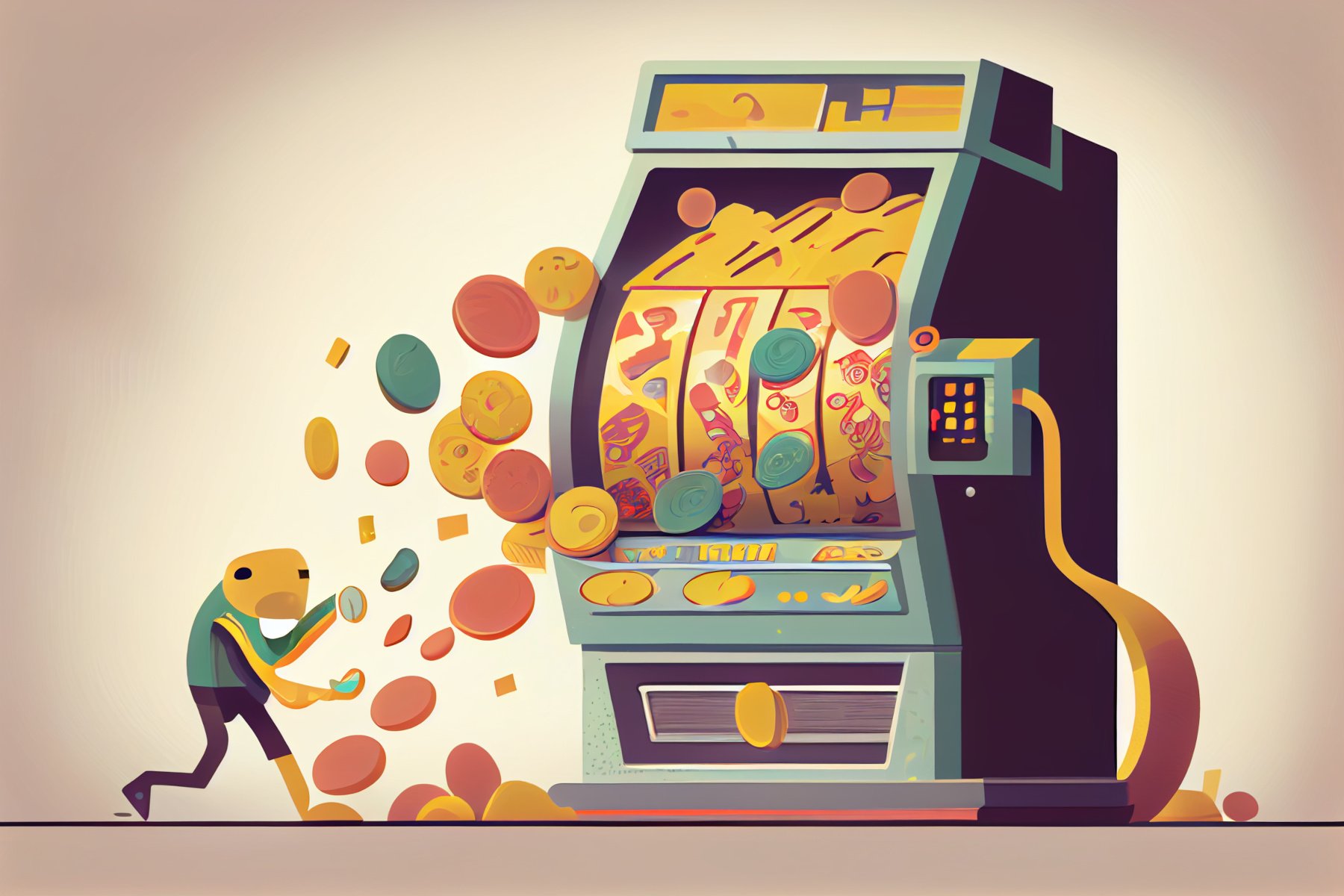 Symbolbild: Illustration eines Menschen mit übergroßem Spielautomaten bei der Jackpot Auszahlung
