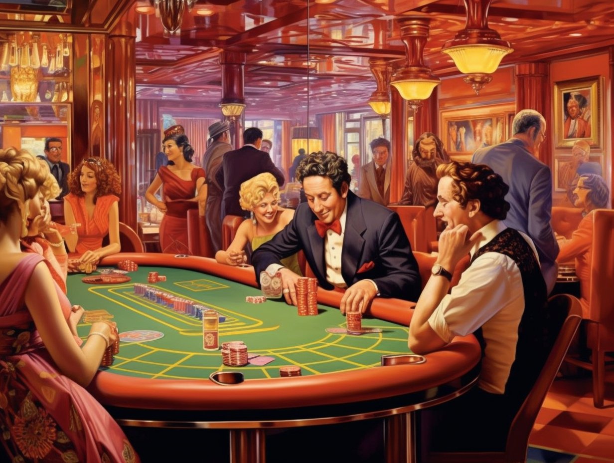 Illustration einer Szene im Casino mit Spieltisch, Dealer und Spielern