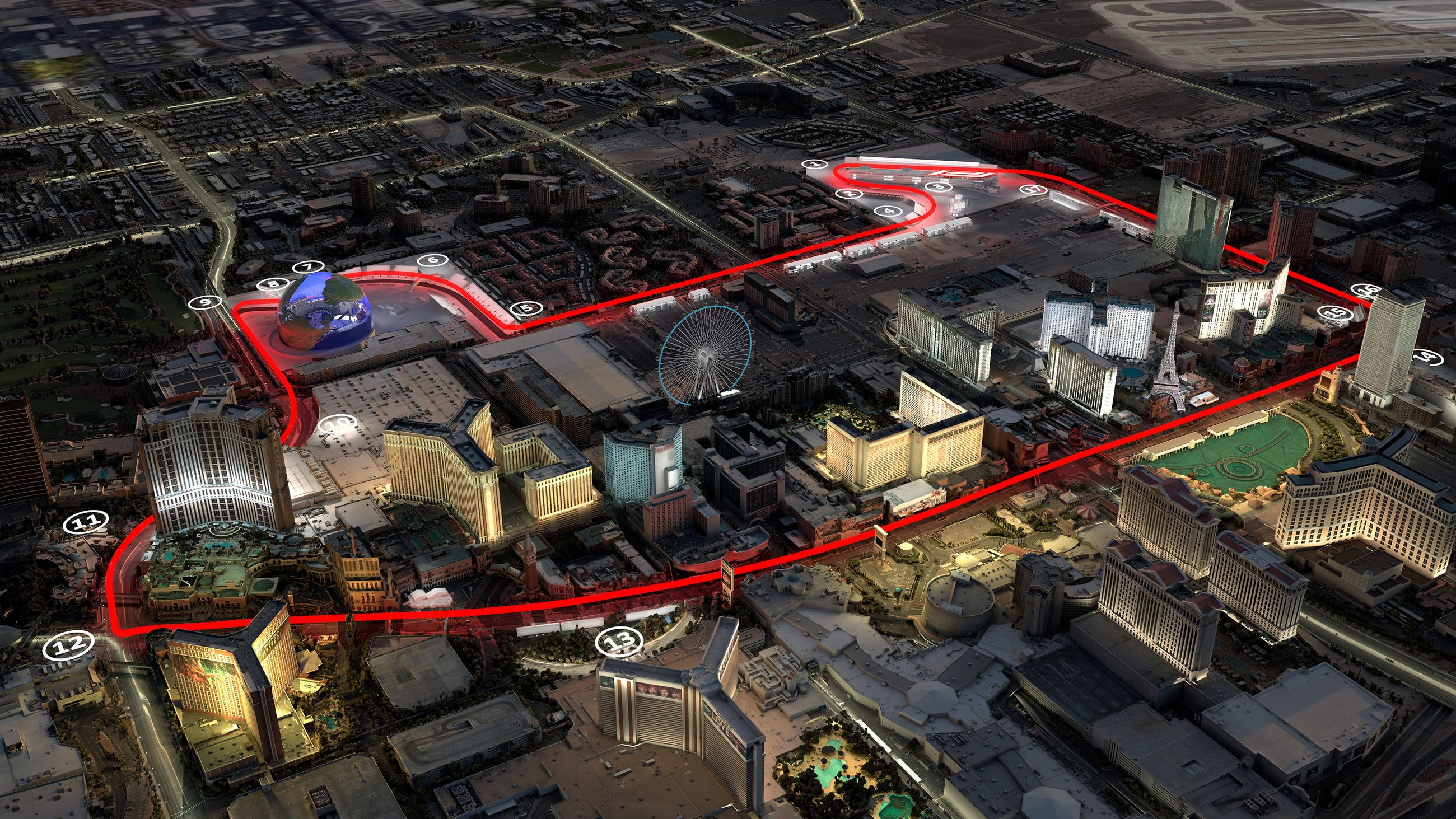 3D-Ansicht von oben: Illustration des Verlaufs der Formel 1 Rennstrecke in Las Vegas 