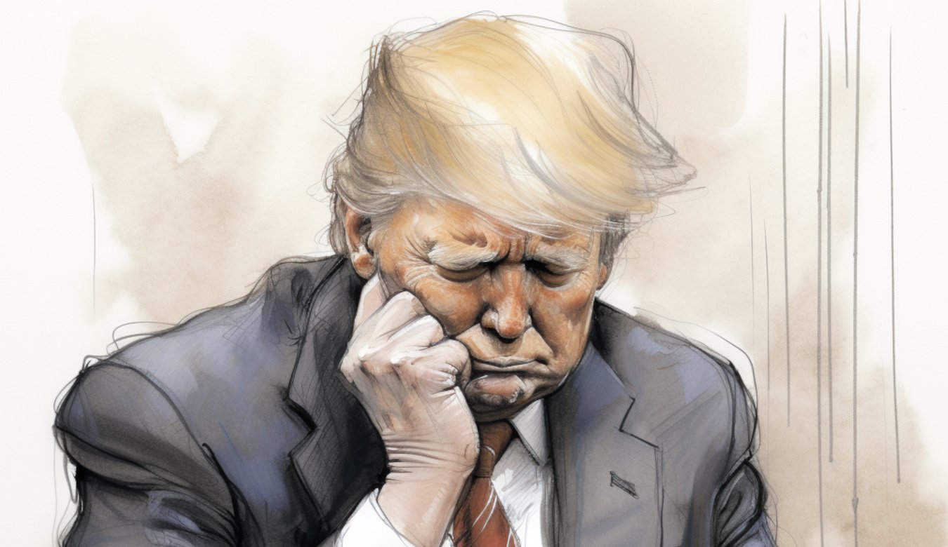 Portrait von Donald Trump im Stil einer Zeichnung aus dem Gerichtssaal