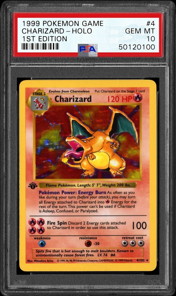 Exemplar der Shadowless Charizard Pokémon Karte aus dem Jahr 1999 (Bild: PSA)