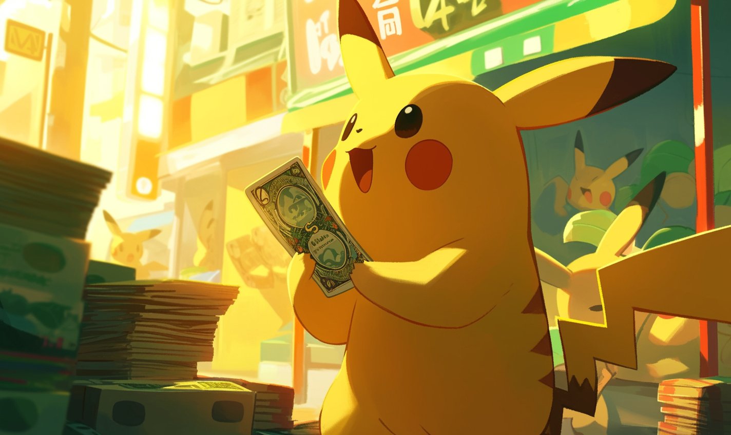 Illustration: Pikachu Pokémun erwirbt teure Pokémon Sammelkarten (Illustration, Symbolbild)