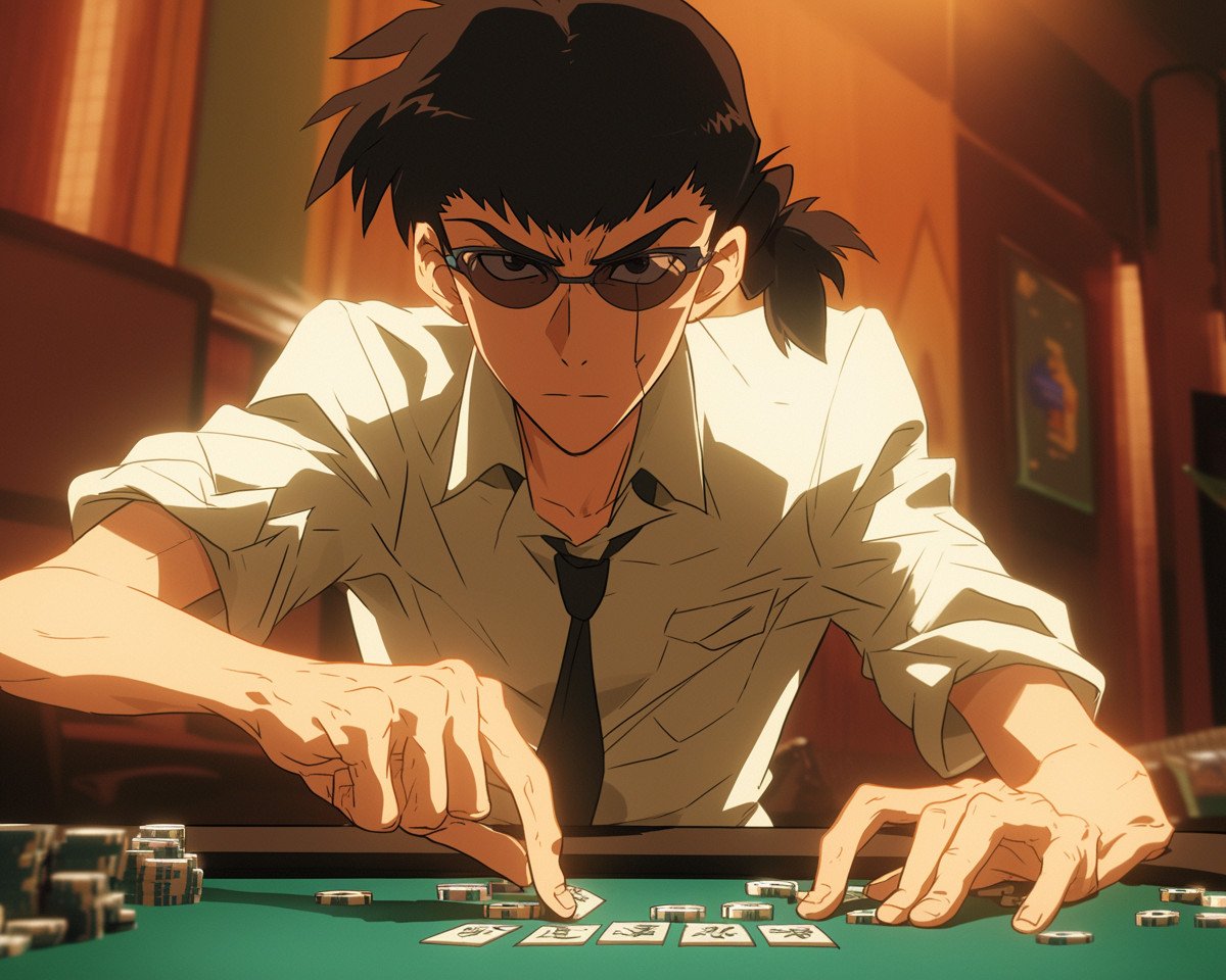 Illustration: Mahjongg-Spieler am Spieltisch im Stil einer Glücksspiel Anime Serie (Bild: Midjorney)