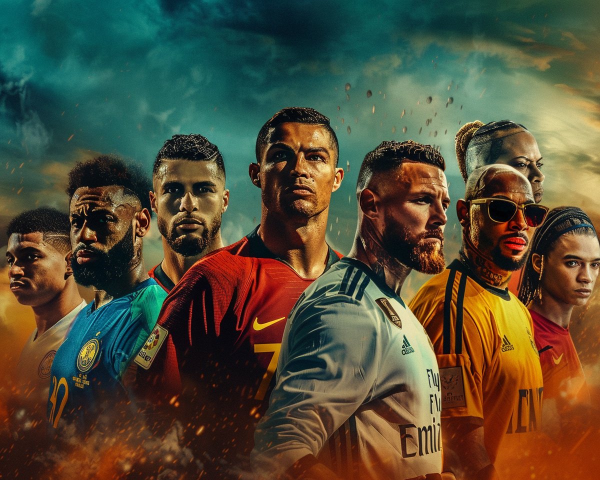 Illustration: Gruppenbild mit den reichsten Sportlern der Welt: Cristiano Ronaldo, Jon Rahm, Lionel Messi, LeBron James, Kylian Mbappé, Neymar, Stephen Curry (Illustration, Symbolbild)