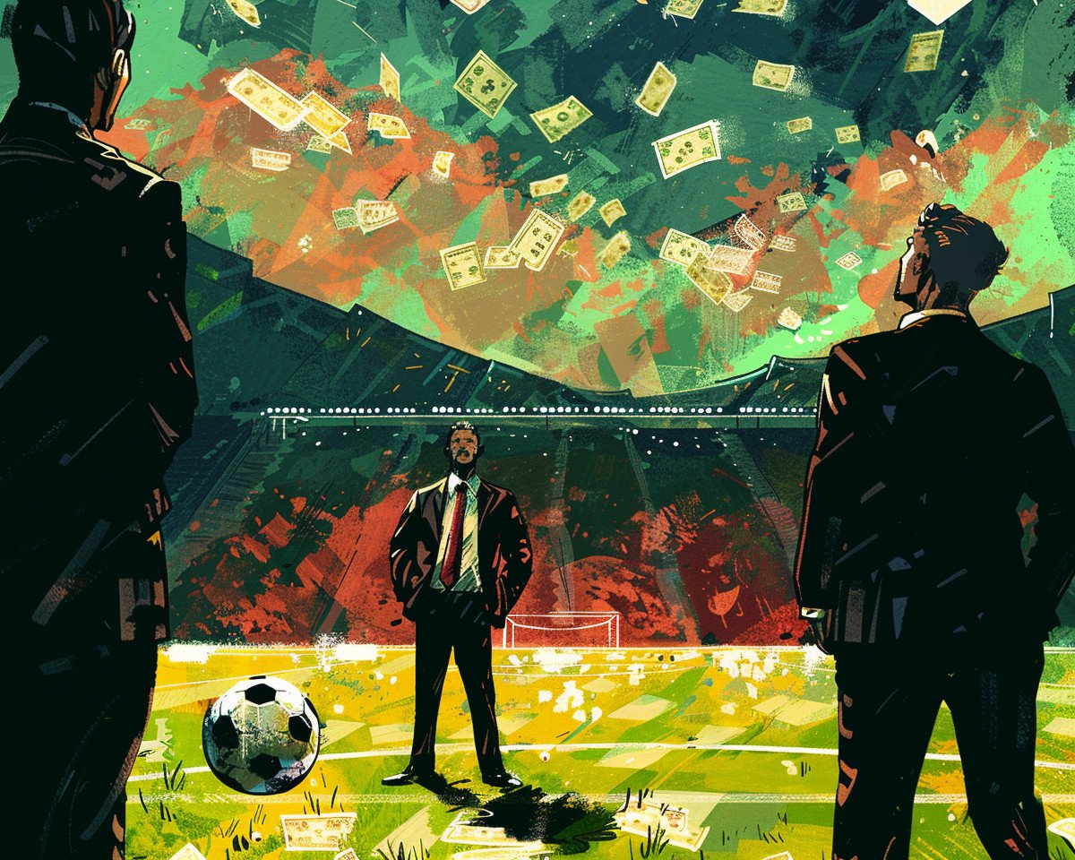 Wettskandal im Fußball: Illustration mit Spielfeld und Geldregen (Bild: Midjourney)