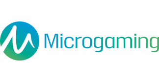 Das blau-grüne Microgaming Logo steht vor einem weißen Hintergrund.