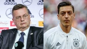 DFB Chef Grindel (links) und Ex-Nationalspieler Özil (rechts