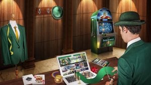 Mr Green Casino, Mann mit Hut, Spielautomat, Laptop