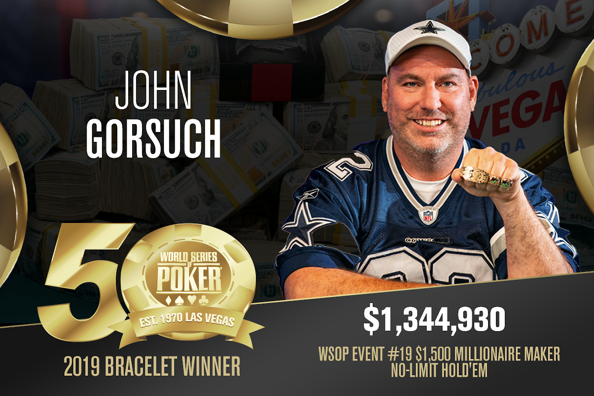 Siegerfoto von John Gorsuch mit Bracelet|Fabian Gumz sitzt am Pokertisch|Das Logo der WSOP