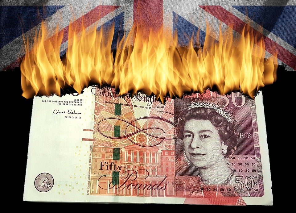 GBP Banknote Geldschein Feuer britische Flagge