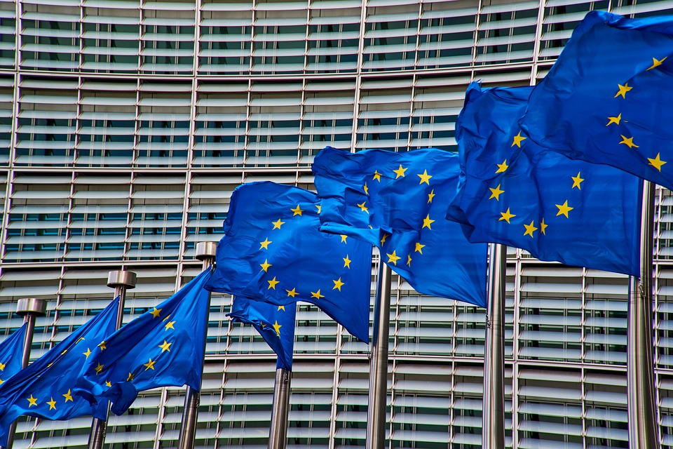 EU Flaggen vorm EU-Parlament in Brüssel