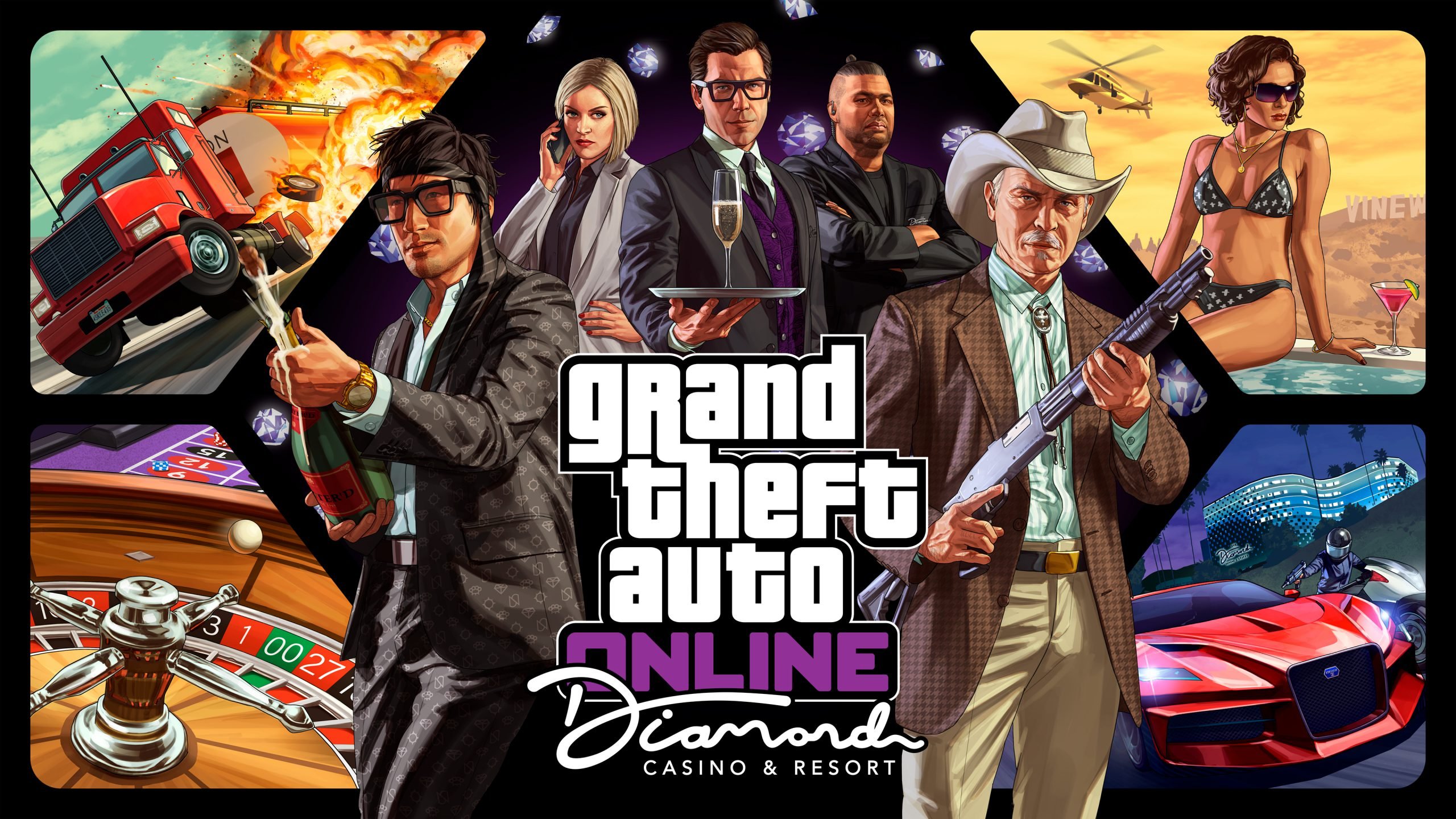 Szenen aus Grand Theft Auto Online von Rockstar Games|Spielszene im Casino aus GTA Online.|Spielszene aus VirtuaVerse|Spielszene aus Genesis Noir|Spielszene aus VR Giants