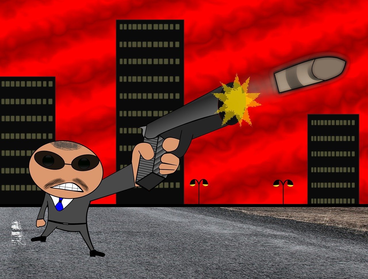 Gangster Yakuza Zeichnung Mann mit Waffe Hochhäuser roter Himmel
