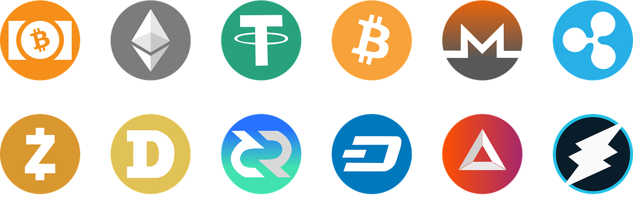 Die Symbole verschiedener Kryptowährungen|Eine Blockchain-Animation mit Schriftzeichen
