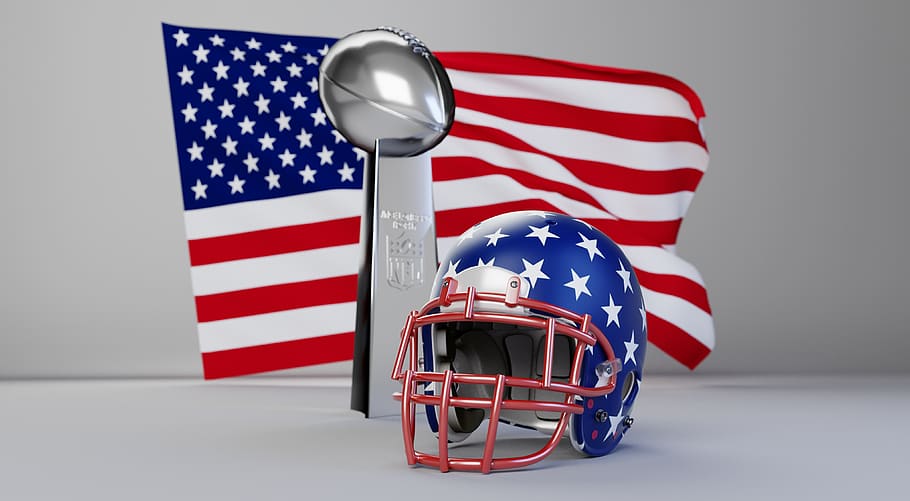 NFL-Helm amerikanische Flagge und Pokal|Helm von NFL Spielern