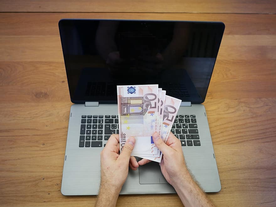 50 Euroscheine am Laptop Hände Geld