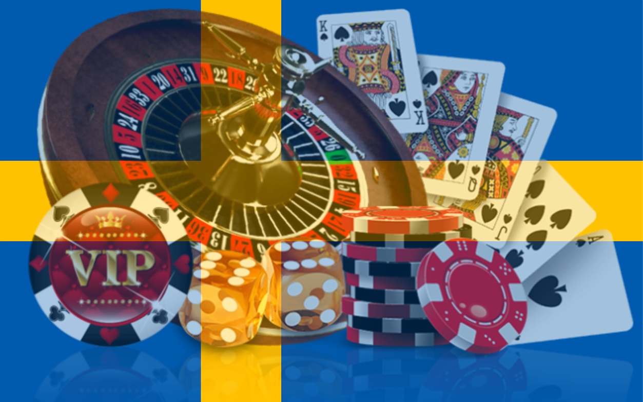 Schwedische Flagge Glücksspiel Roulettekessel Spielkarten Jetons Würfel
