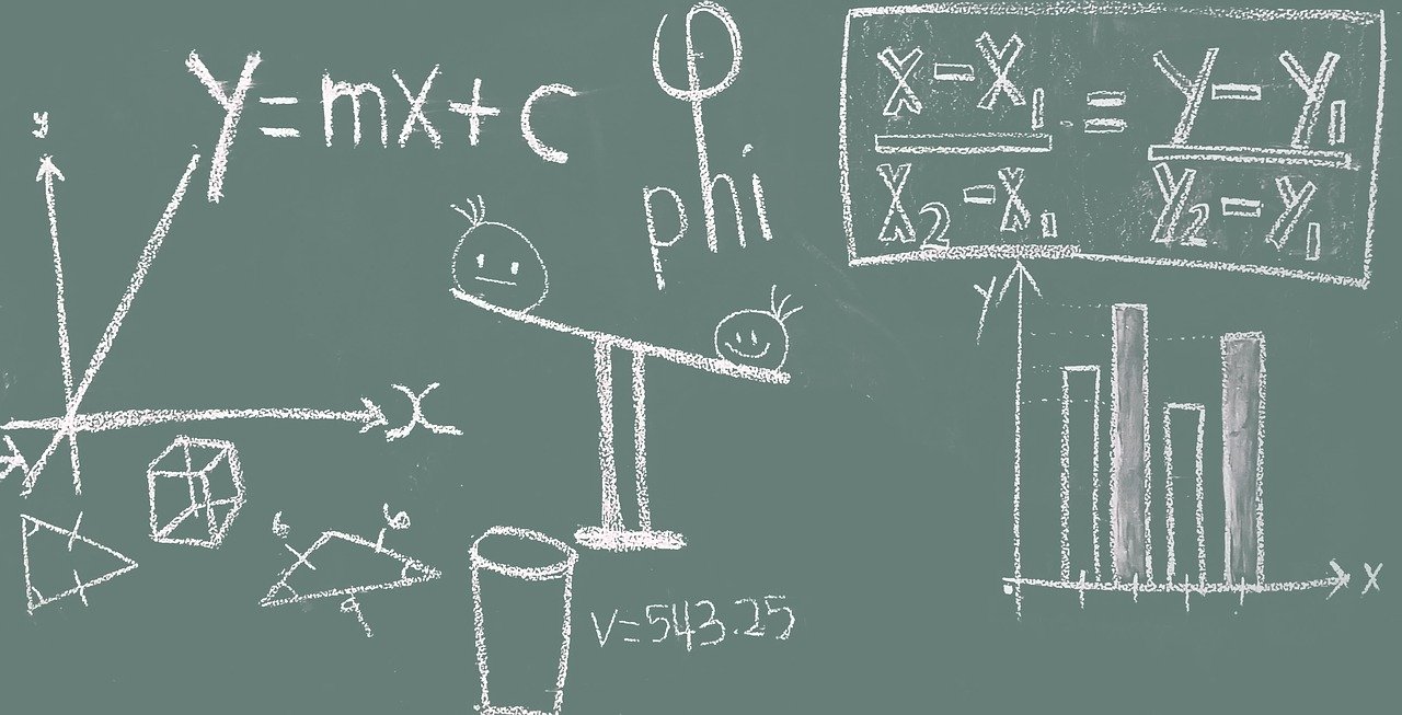 Matheformeln auf Tafel mit weißer Kreide Mathe