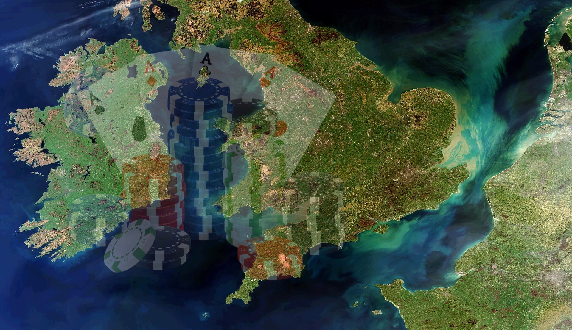 Großbritannien Irland Satellitenbild Glücksspiel Spielkarten Jetons