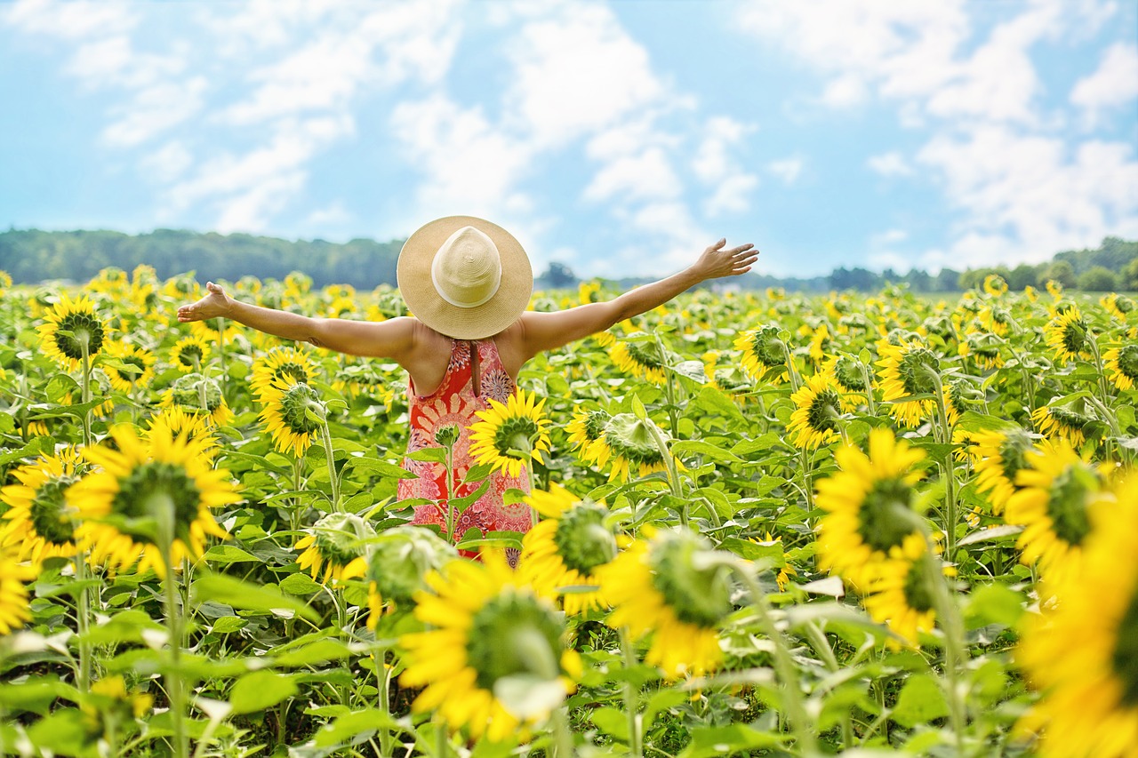 Frau in Sonnenblumenfeld|Aktion Mensch logo||||Vernetzung