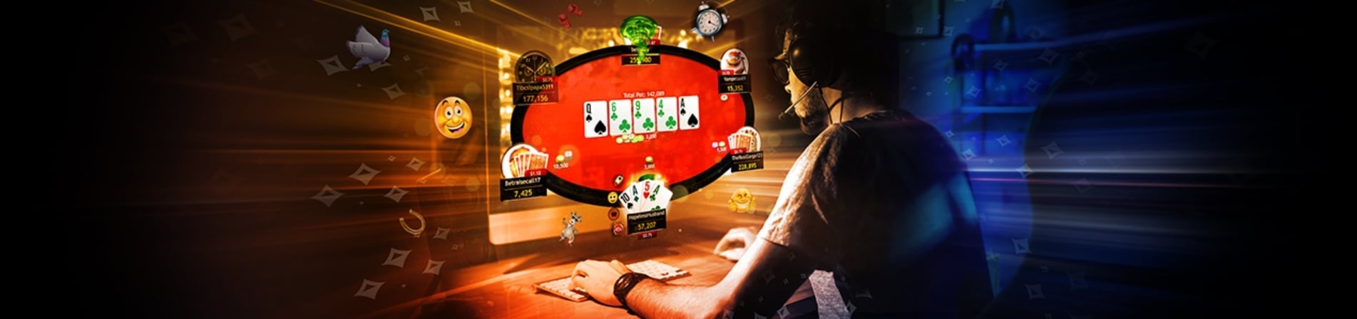 PartyPoker Header, Mann, Pokertisch, PC