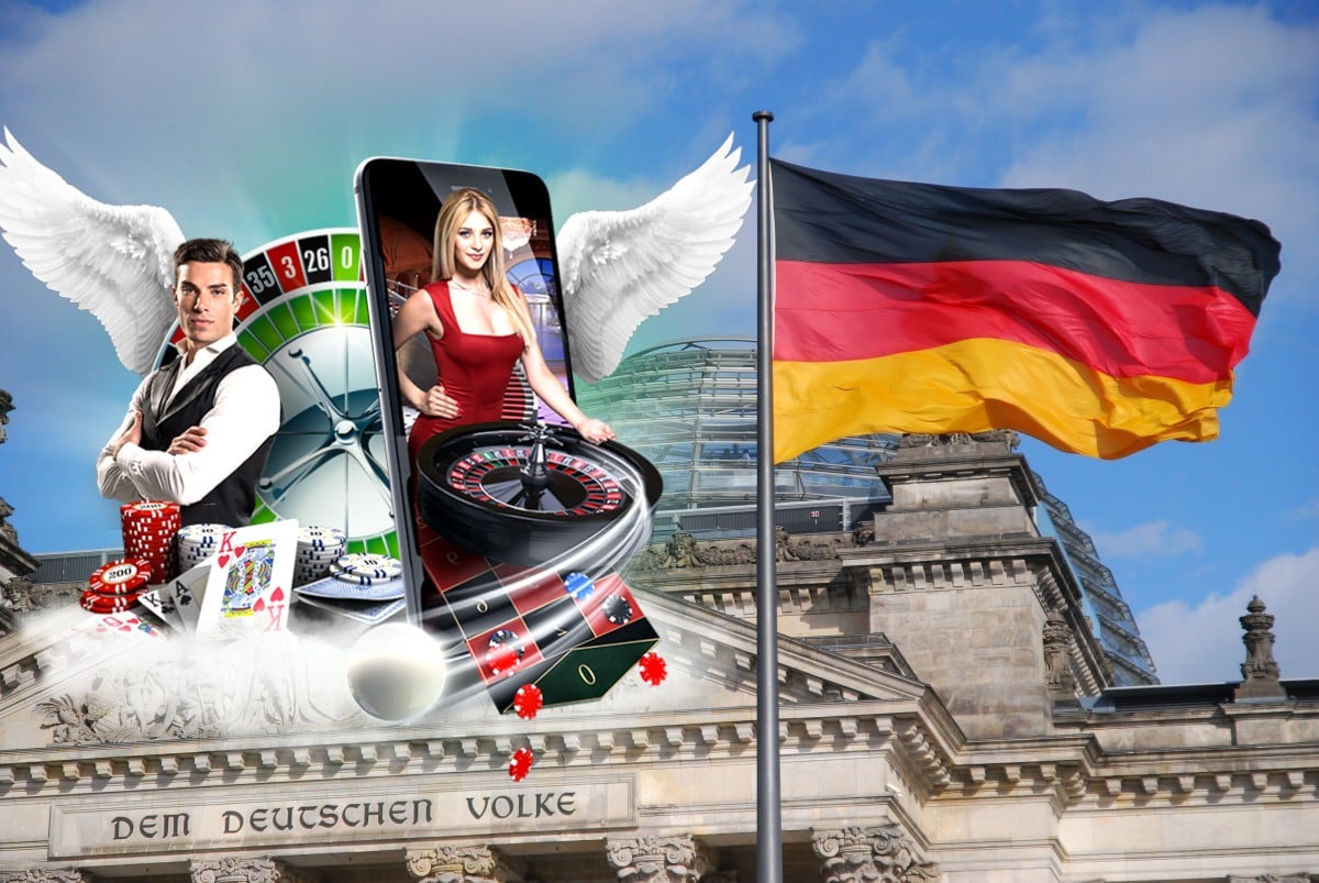 Deutschlandflagge am Bundestagsgebäude Online-Glücksspiel Smartphone Roulette Dealer