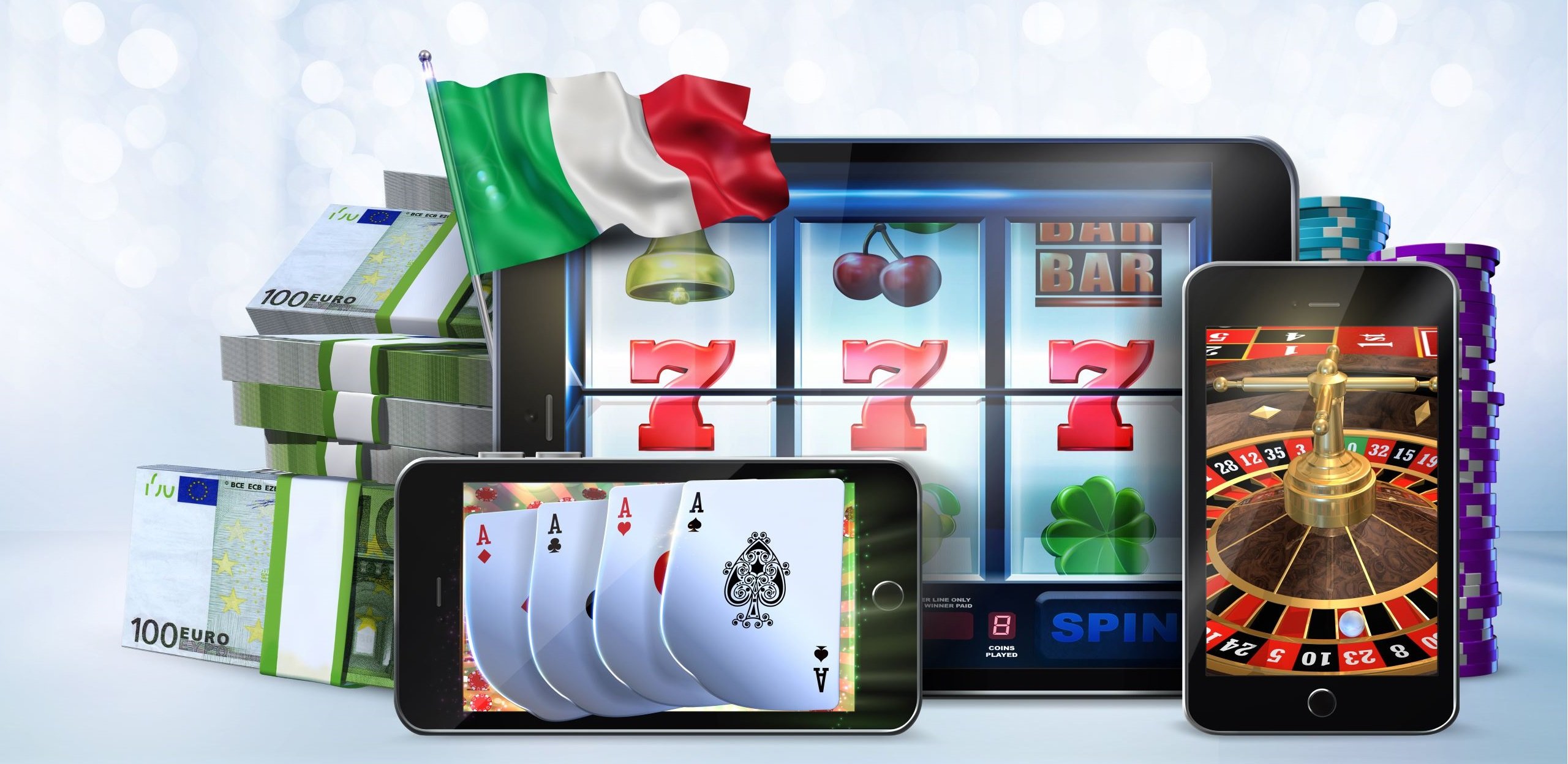 Online-Glücksspiel auf Tablet, Smartphone, Spielkarten Slot, Italien-Flagge