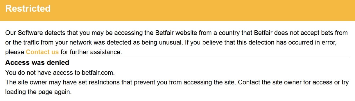 Fehlermeldung von Betfair beim Betreten der Webseite aus Belgien