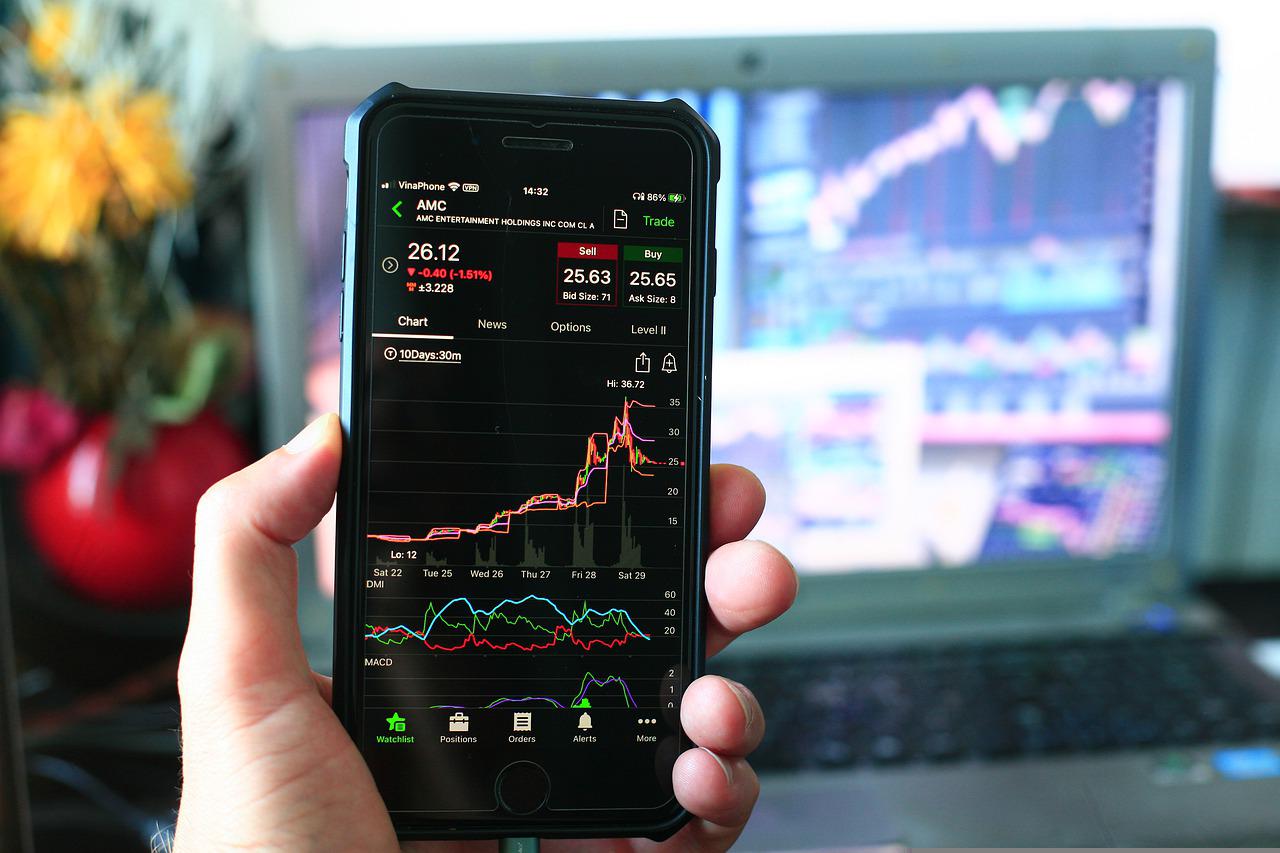 Laptop, Smartphone, Hand, Börsen-Charts