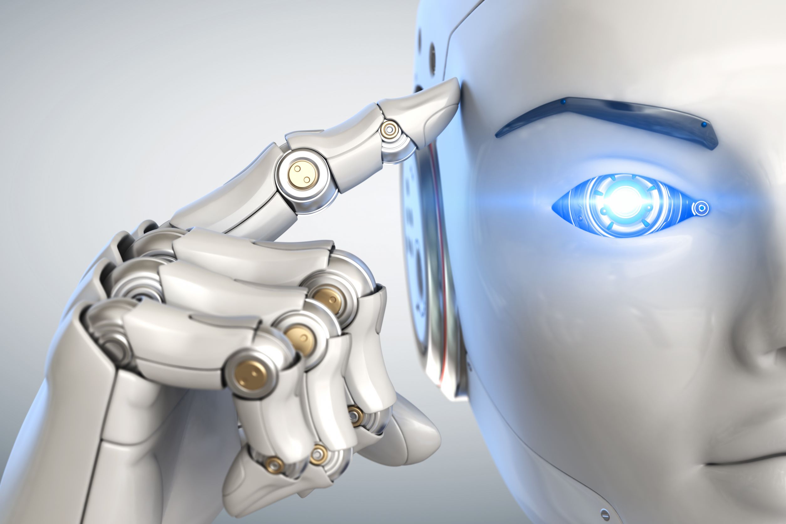 Roboter Zeigefinger an der Schläfe Künstliche Intelligenz KI AI